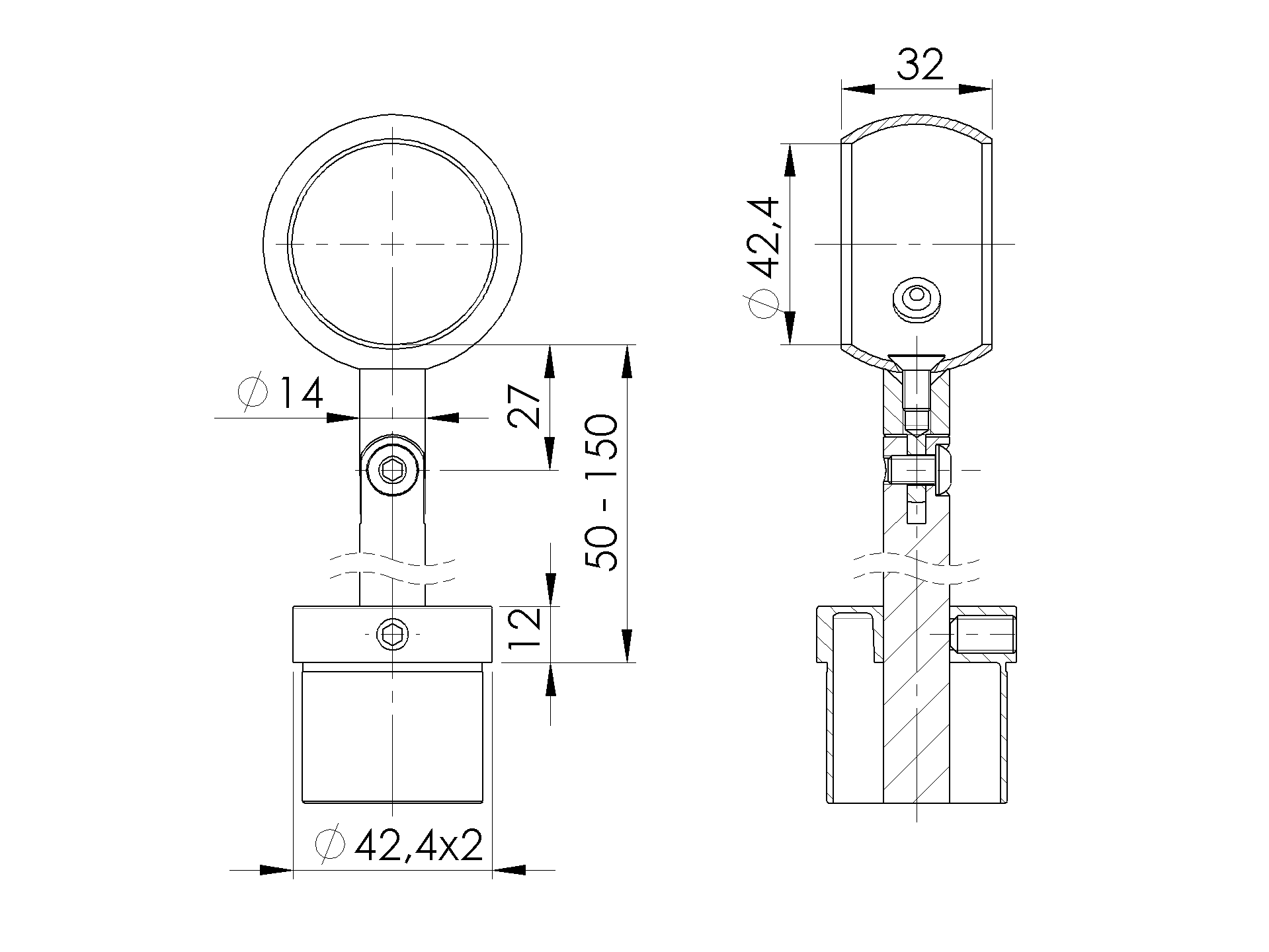 EBN / BOLEC ADAPTER PORĘCZY / PROSTY / DLA FI 42 / PIERŚCIEŃ FI 42 / AISI 304 / SATYNA EBN / BOLEC ADAPTER PORĘCZY / PROSTY / DLA FI 42 / PIERŚCIEŃ FI 42 / AISI 304 / SATYNA