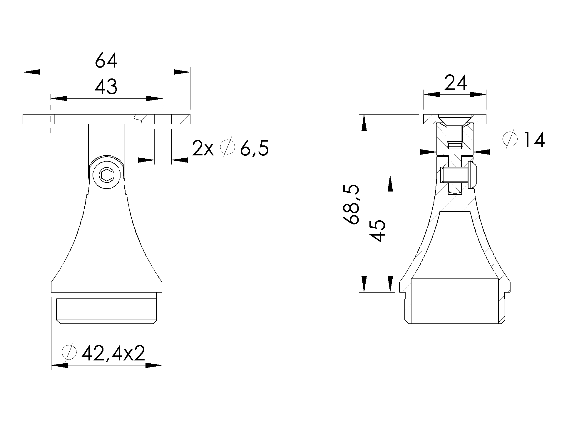 EBN / DZWONEK ADAPTER PORĘCZY / PROSTY / REGULOWANY / DLA 40X40X2 / FI 42.4MM / SATYNA / AISI 304 EBN / DZWONEK ADAPTER PORĘCZY / PROSTY / REGULOWANY / DLA 40X40X2 / FI 42.4MM / SATYNA / AISI 304