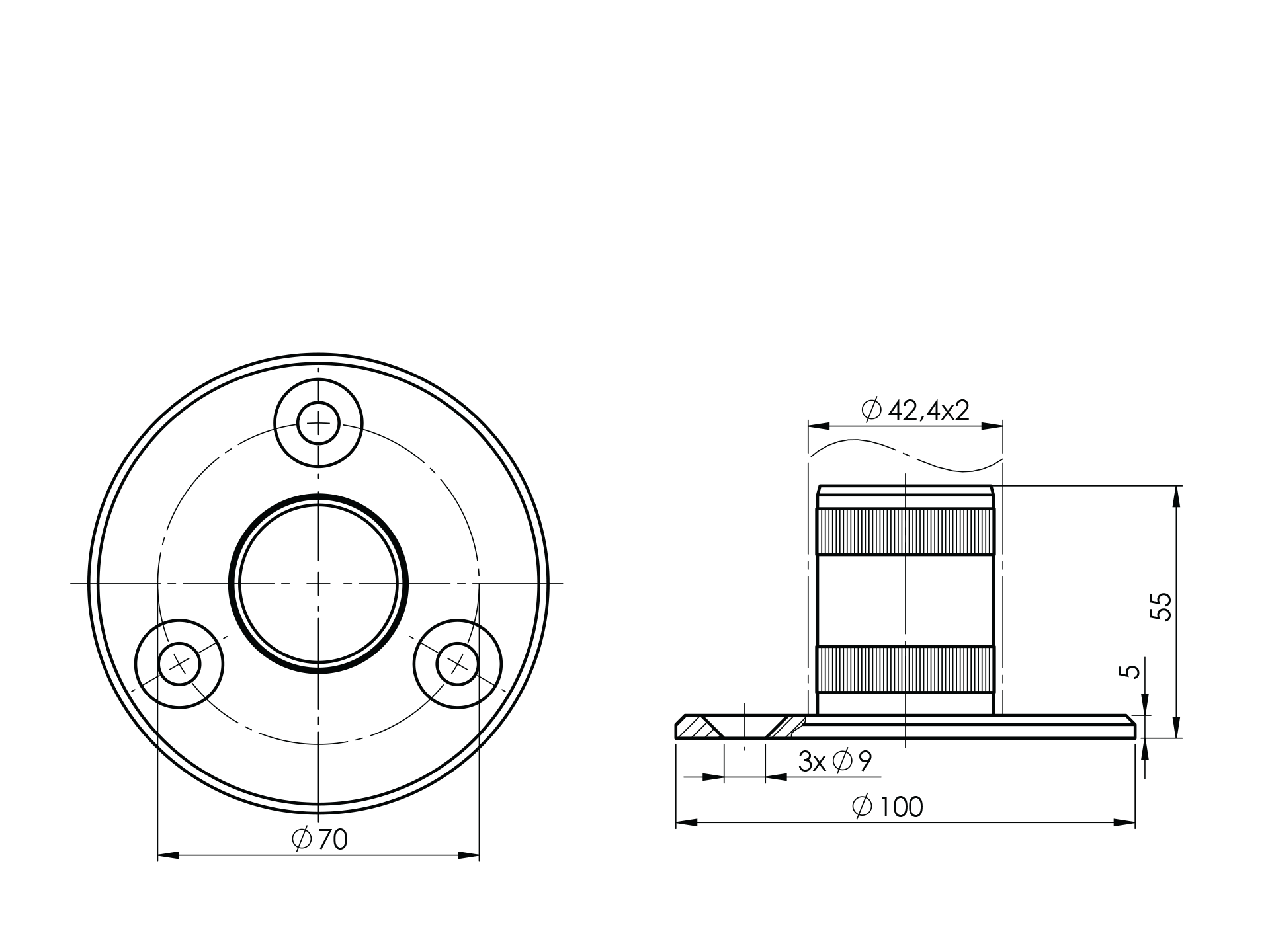 EBN / STOPA MONTAŻOWA / FI 100 / DLA FI 42 / H: 55MM / AISI 304 / SATYNA EBN / STOPA MONTAŻOWA / FI 100 / DLA FI 42 / H: 55MM / AISI 304 / SATYNA