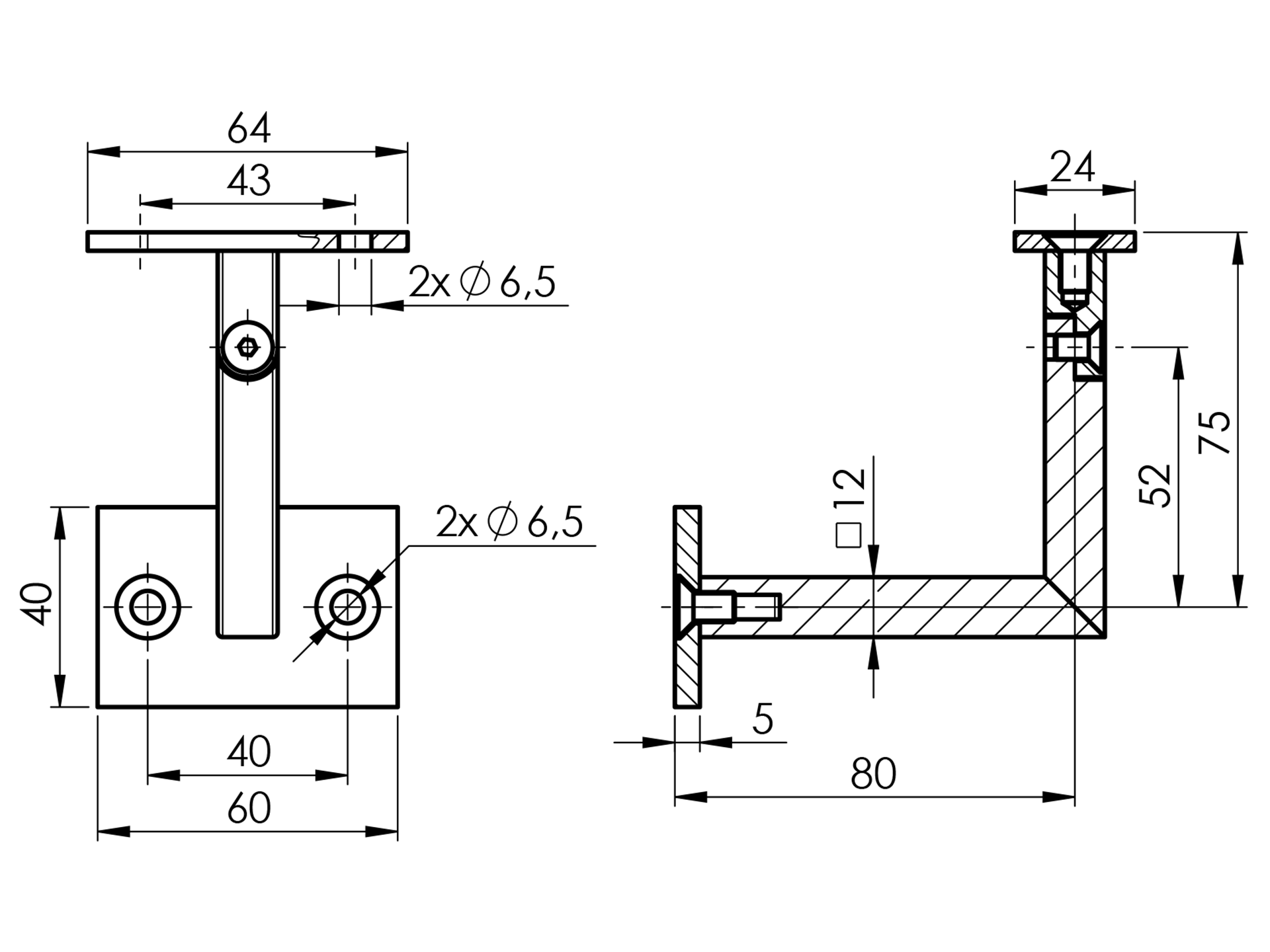 EBN / UCHWYT PORĘCZY ŚCIENNEJ REGULOWANY / 12X12 / 80X75 / PRZYŁĄCZ PŁASKI / AISI 304 / SATYNA EBN / UCHWYT PORĘCZY ŚCIENNEJ REGULOWANY / 12X12 / 80X75 / PRZYŁĄCZ PŁASKI / AISI 304 / SATYNA