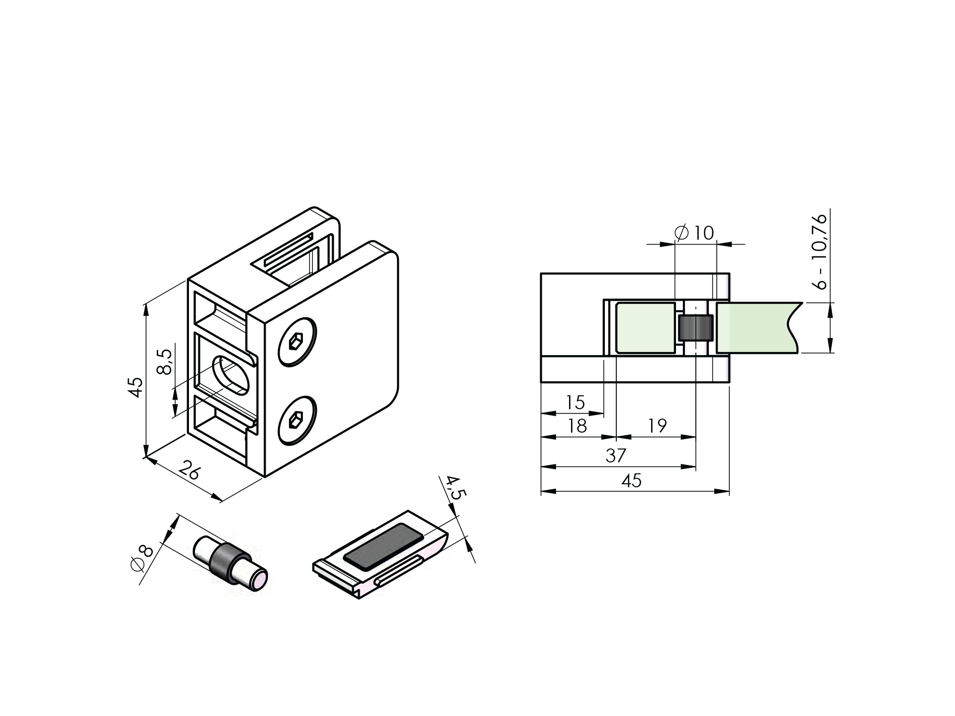 EBN / UCHWYT SZKŁA / MODEL 230P / PRZYŁĄCZ PŁASKI / 45X45 / AISI 304 / POLER / DLA SZKŁA 6 – 10,76 / Z BLOKADĄ EBN / UCHWYT SZKŁA / MODEL 230P / PRZYŁĄCZ PŁASKI / 45X45 / AISI 304 / POLER / DLA SZKŁA 6 – 10,76 / Z BLOKADĄ