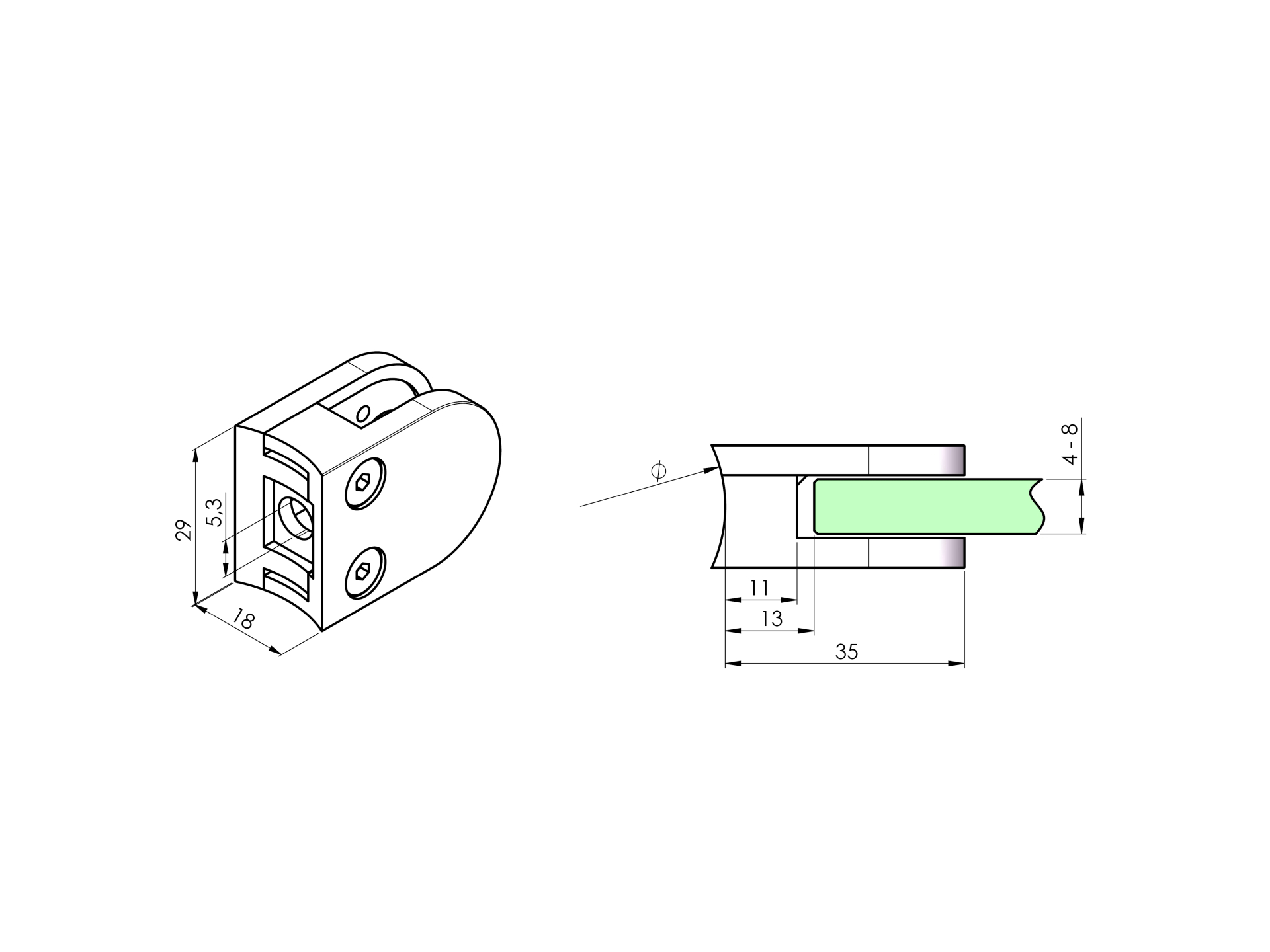 EBN / UCHWYT SZKŁA / MODEL 28 / PRZYŁĄCZ FI 33 / 29X35 / AISI 304 / SATYNA / DLA SZKŁA 4 – 8 EBN / UCHWYT SZKŁA / MODEL 28 / PRZYŁĄCZ FI 33 / 29X35 / AISI 304 / SATYNA / DLA SZKŁA 4 – 8