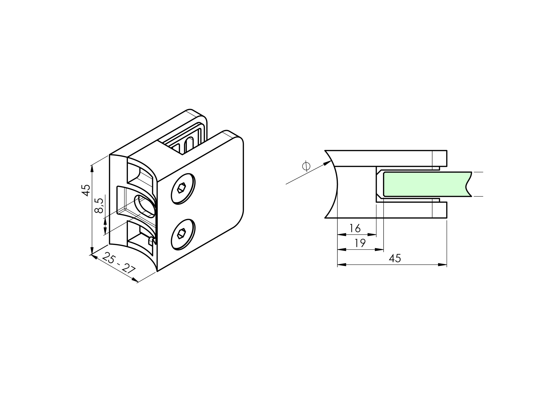 EBN / UCHWYT SZKŁA / MODEL 21 / PRZYŁĄCZ FI 33 / 45X45 / AISI 304 / SATYNA / DLA SZKŁA 6 – 10,76 EBN / UCHWYT SZKŁA / MODEL 21 / PRZYŁĄCZ FI 33 / 45X45 / AISI 304 / SATYNA / DLA SZKŁA 6 – 10,76