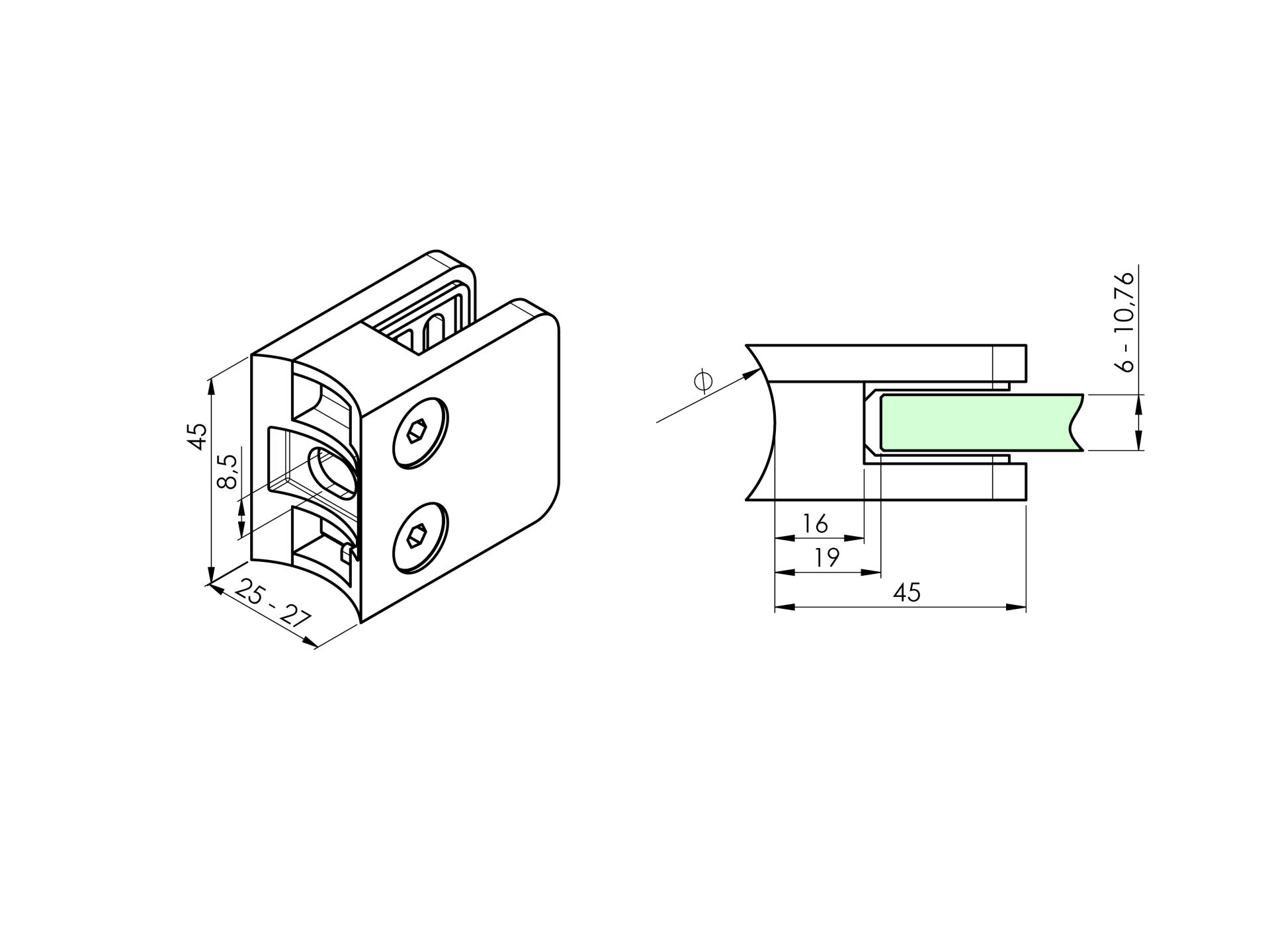 EBN / UCHWYT SZKŁA / MODEL 21 / PRZYŁĄCZ FI 48 / 45X45 / AISI 304 / SATYNA / DLA SZKŁA 6 – 10,76 EBN / UCHWYT SZKŁA / MODEL 21 / PRZYŁĄCZ FI 48 / 45X45 / AISI 304 / SATYNA / DLA SZKŁA 6 – 10,76