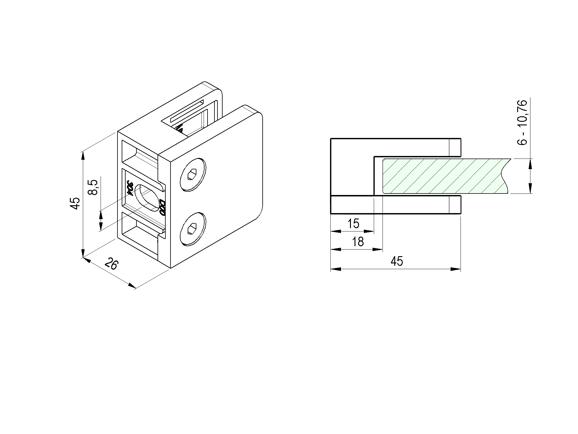 EBN / UCHWYT SZKŁA / MODEL 23 / PRZYŁĄCZ FI 42 / 45X45 / AISI 304 / POLER / DLA SZKŁA 6 – 10,76 EBN / UCHWYT SZKŁA / MODEL 23 / PRZYŁĄCZ FI 42 / 45X45 / AISI 304 / POLER / DLA SZKŁA 6 – 10,76