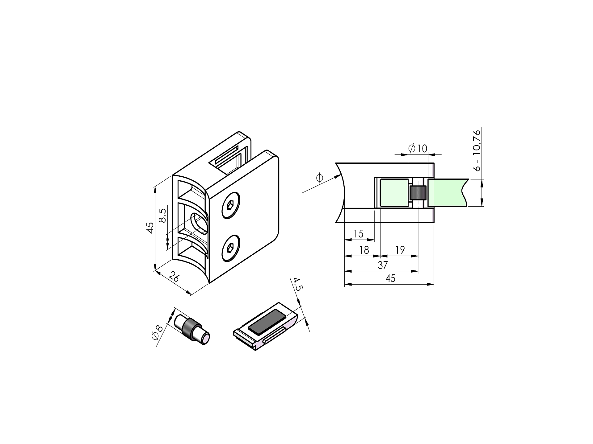 EBN / UCHWYT SZKŁA / MODEL 230P / PRZYŁĄCZ FI 33 / 45X45 / AISI 304 / SATYNA / DLA SZKŁA 6 – 10,76 / Z BLOKADĄ EBN / UCHWYT SZKŁA / MODEL 230P / PRZYŁĄCZ FI 33 / 45X45 / AISI 304 / SATYNA / DLA SZKŁA 6 – 10,76 / Z BLOKADĄ