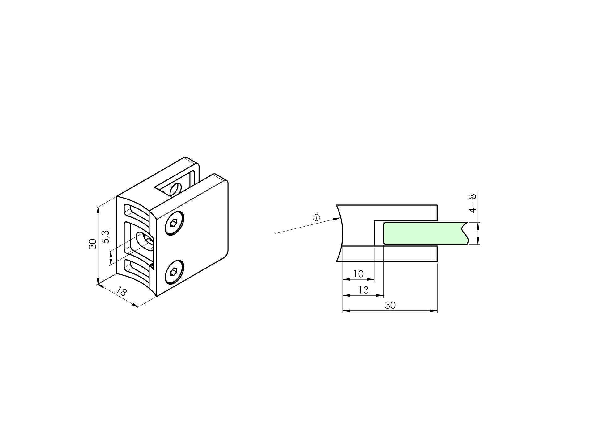 EBN / UCHWYT SZKŁA / MODEL 29 / PRZYŁĄCZ FI 42 / 30X30 / AISI 304 / SATYNA / DLA SZKŁA 4 – 8 EBN / UCHWYT SZKŁA / MODEL 29 / PRZYŁĄCZ FI 42 / 30X30 / AISI 304 / SATYNA / DLA SZKŁA 4 – 8