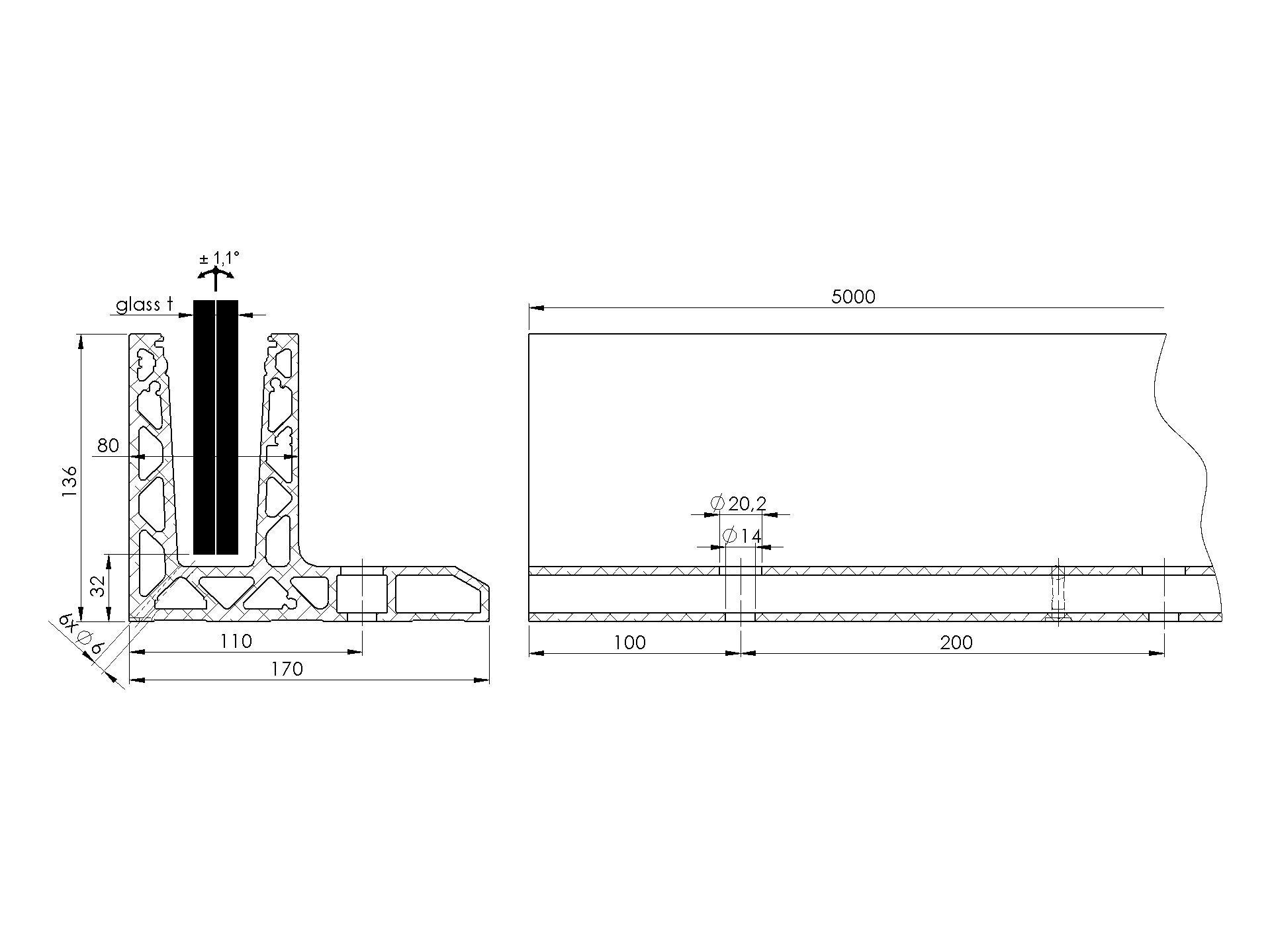 EBN / ALUMINIOWE PROFILE DO BALUSTRAD / LISTWA F DO BALUSTRADY SZKLANEJ Z PRZECHYLENIEM SZYBY / T:12-17.52/ L5000 EBN / ALUMINIOWE PROFILE DO BALUSTRAD / LISTWA F DO BALUSTRADY SZKLANEJ Z PRZECHYLENIEM SZYBY / T:12-17.52/ L5000