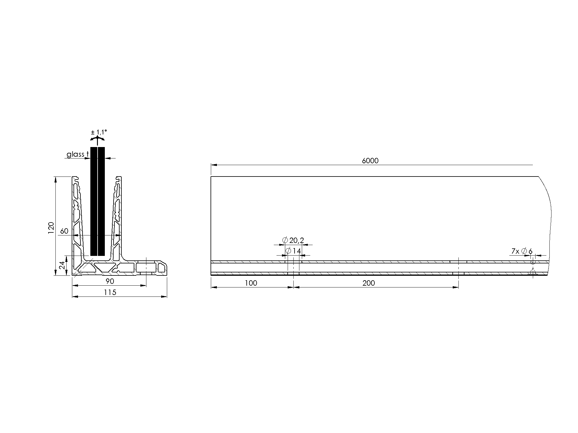 EBN / ALUMINIOWE PROFILE DO BALUSTRAD / LISTWA F DO BALUSTRADY SZKLANEJ Z PRZECHYLENIEM SZYBY / T:12-17.52/ L6000 EBN / ALUMINIOWE PROFILE DO BALUSTRAD / LISTWA F DO BALUSTRADY SZKLANEJ Z PRZECHYLENIEM SZYBY / T:12-17.52/ L6000